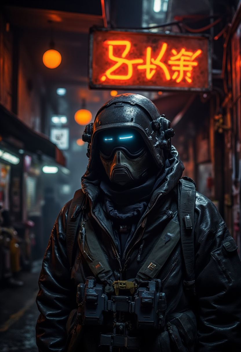 Dark and moody yfg-daak, Infrared Photos Style, best quality,solo focus, solo, Osaka \(city\), (midnight,neon sign:1.3), advanced suit, (((orange sphere on background))).