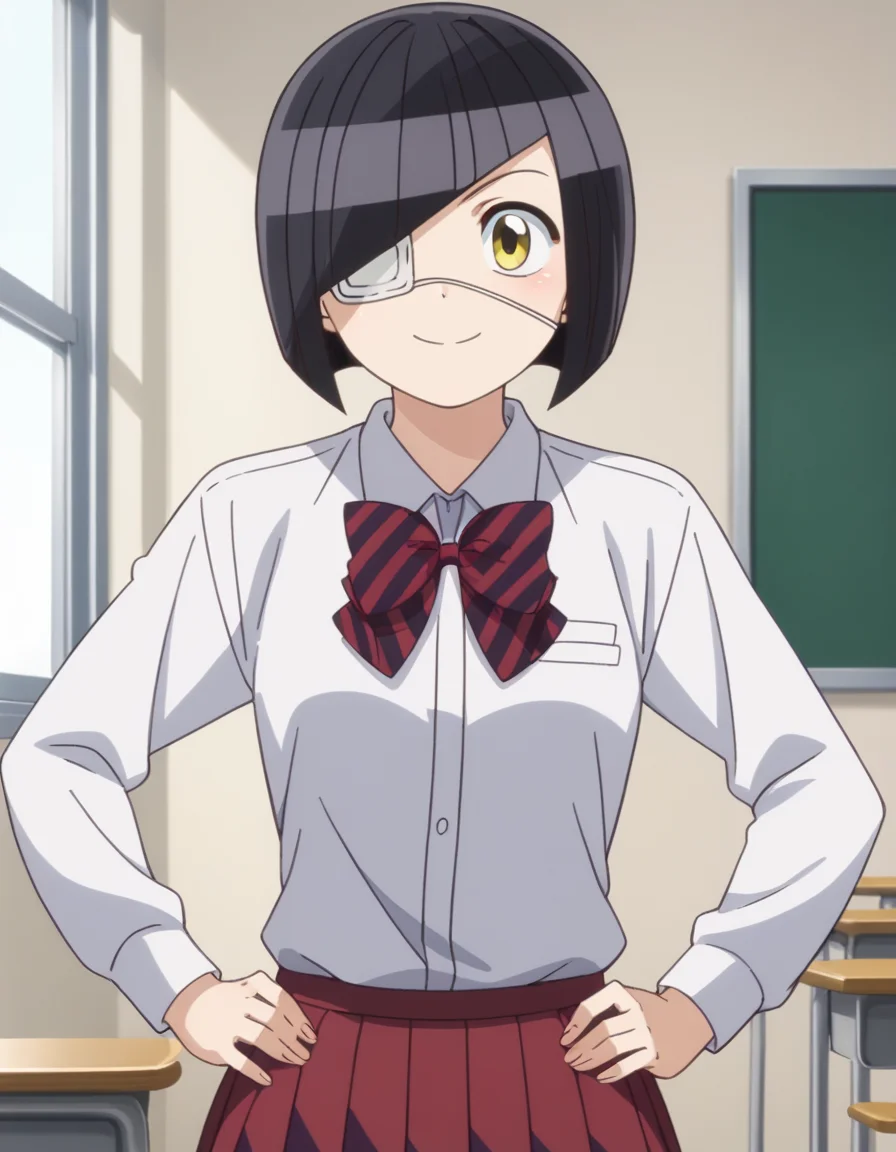 score_9, score_8_up, score_7_up, source_anime,
omoharunakanaka, <lora:omoharu-nakanaka-s1s2-ponyxl-lora-nochekaiser:1>,
omoharu nakanaka, short hair, black hair, yellow eyes, eyepatch,
skirt, shirt, long sleeves, bow, school uniform, white shirt, pleated skirt, striped, collared shirt, bowtie, red skirt, striped bow, striped bowtie,
indoors, classroom, hands on hips, smile,
looking at viewer, cowboy shot, dutch angle, solo,