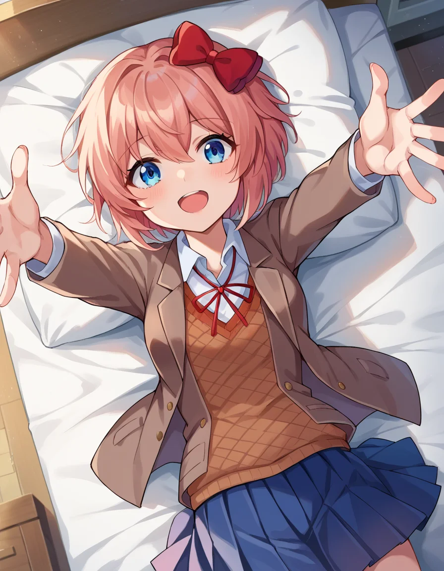 score_9, score_8_up, score_7_up, source_anime,
ddlcsayori, <lora:ddlc-sayori-ponyxl-lora-nochekaiser:1>
ddlcsayori, blue eyes, hair between eyes, hair bow, hair ornament, pink hair, red bow, short hair,
blue skirt, pleated skirt, school uniform, skirt, brown jacket, jacket,
indoors, bed, bed room, on back, arm support, arms up, incoming hug, pov, reaching, reaching towards viewer,
looking at viewer, dutch angle, cowboy shot,