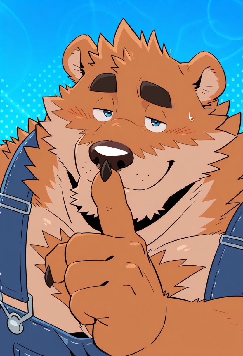 Kumamoto, 1boy, solo, blue background, detail background, abstract background, , anthro bear, male, anthro bear, beige fur, orange fur, two tone fur, overweight, furry, fat, thick arms, big belly, short ears, round ears, masculine, blue eyes, big body, thick black eyebrows, black claws, blue eyes, short tail, blue overalls, BREAK, looking at viewer, shushing, upper body, perfect view, half eyes closed, close-up