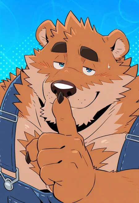 Kumamoto, 1boy, solo, blue background, detail background, abstract background, , anthro bear, male, anthro bear, beige fur, orange fur, two tone fur, overweight, furry, fat, thick arms, big belly, short ears, round ears, masculine, blue eyes, big body, thick black eyebrows, black claws, blue eyes, short tail, blue overalls, BREAK, looking at viewer, shushing, upper body, perfect view, half eyes closed, close-up