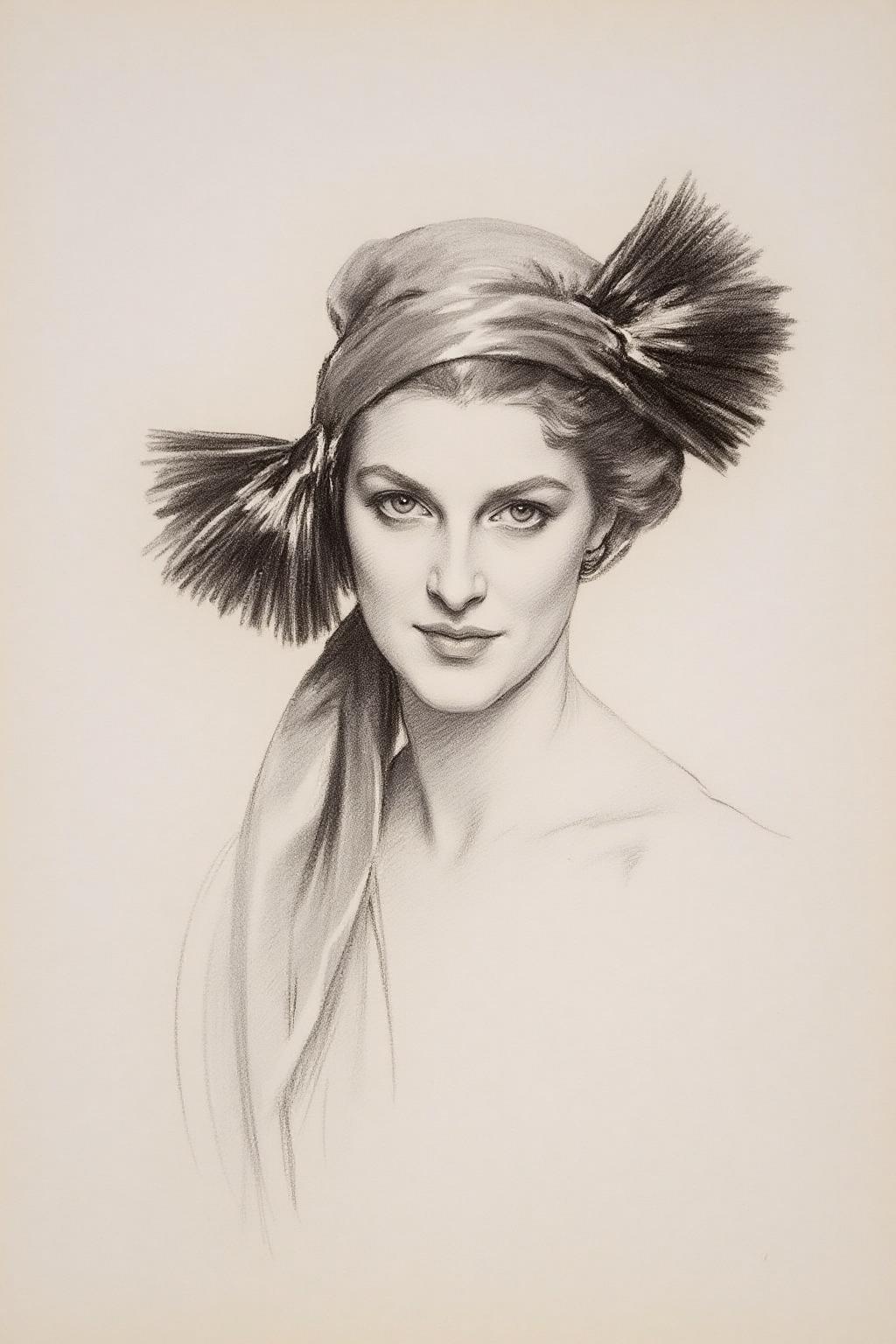 ,johnss1 charcoal drawing.
charcoal drawing of an elegant woman with a confident and enigmatic expression. Her face is softly shaded, with piercing eyes and high cheekbones. She wears a headpiece adorned with fan-like feather details, giving a sense of movement and sophistication. <lora:johnss1_cap_d6a3e12:1.0><lora:824330951690727585:0>
