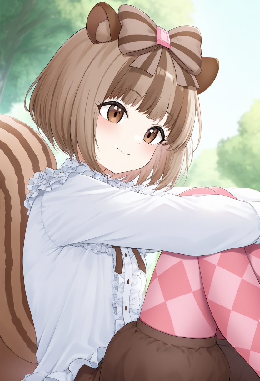 1girl,solo,<lora:chokyuruiyuil:0.9>,chokyuruiyu_(show_by_rock!!),brown eyes,short hair,brown hair,multicolored hair,hair bow,animal ears,squirrel tail,squirrel ears,bow,frilled_shirt,white shirt,long sleeves,brown pantyhose,pink pantyhose,argyle pantyhose,brown puffy shorts,cowboy_shot,dynamic_angle,from_side,looking_up,(head_back),smile,sitting,knees_to_chest,hugging_own_legs,day,park,masterpiece,best quality,good quality,newest,incredibly absurdres,