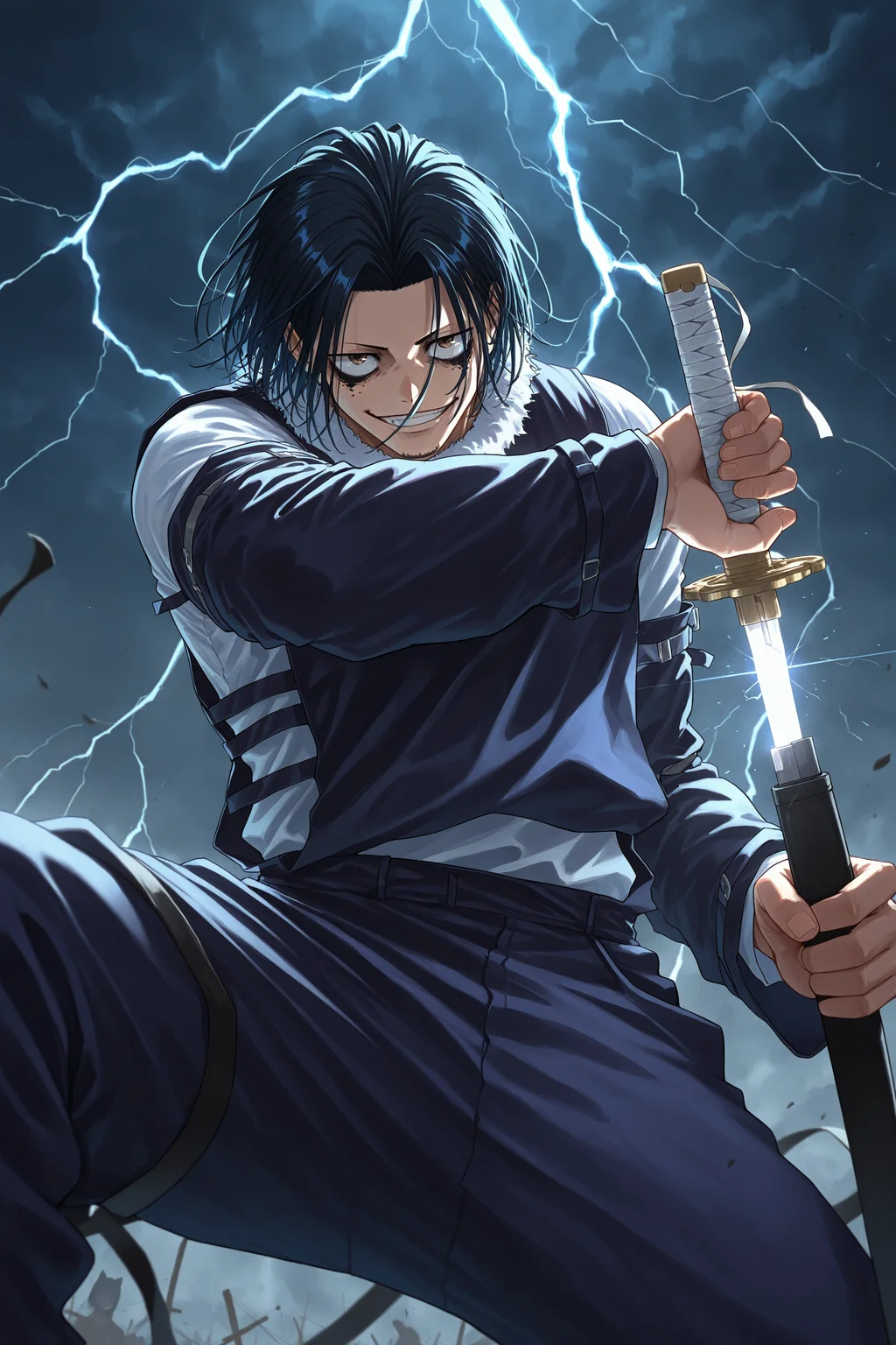 masterpiece, best quality, absurdres, safe,
1boy, genichi sojo, black hair,
smile, white shirt, holding sword, unsheathing, lightning,
<lora:kagurabachi_il_1_d16:1>
