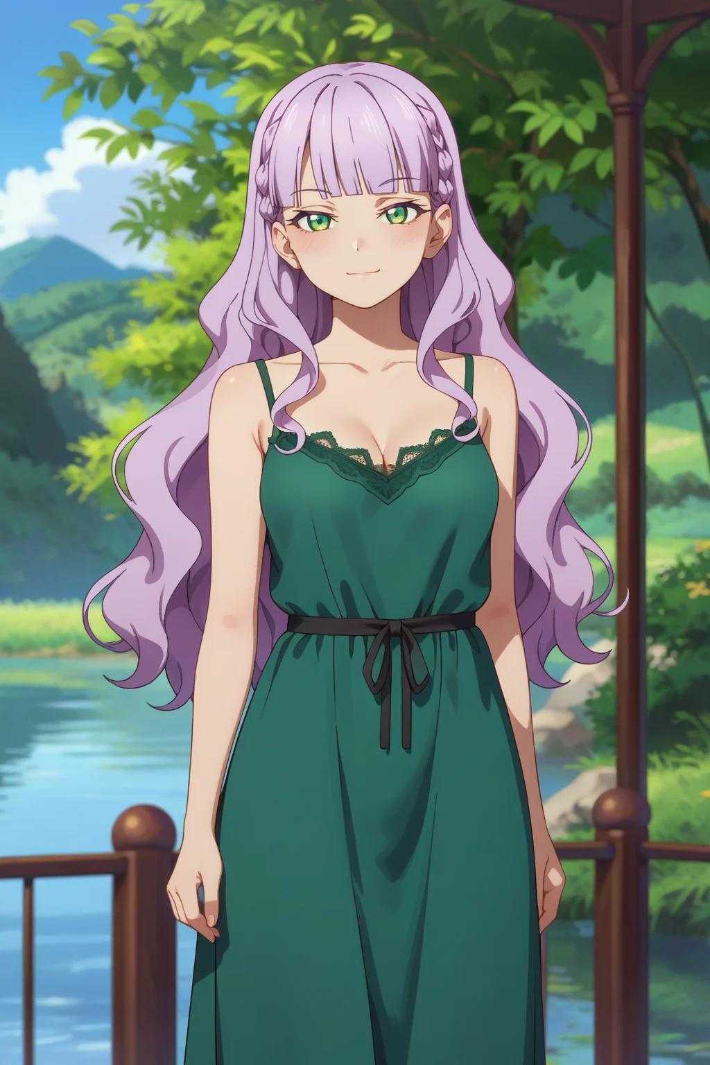 <lora:wien_izo:0.8>
score_9, score_8_up, score_7_up, 1girl, solo,
wien, light purple hair, long hair, green eyes, wavy hair, blunt bangs, braid,
medium breasts, green dress, lace trim, bare shoulders, no bra, sleeveless, long dress, collarbone, cleavage, breasts apart,
seductive gaze, bedroom eyes, closed mouth, naughty face,
blush, looking at viewer, standing, contrapposto,
outdoors, blue sky, tree, cowboy shot, blurry background, lake,
