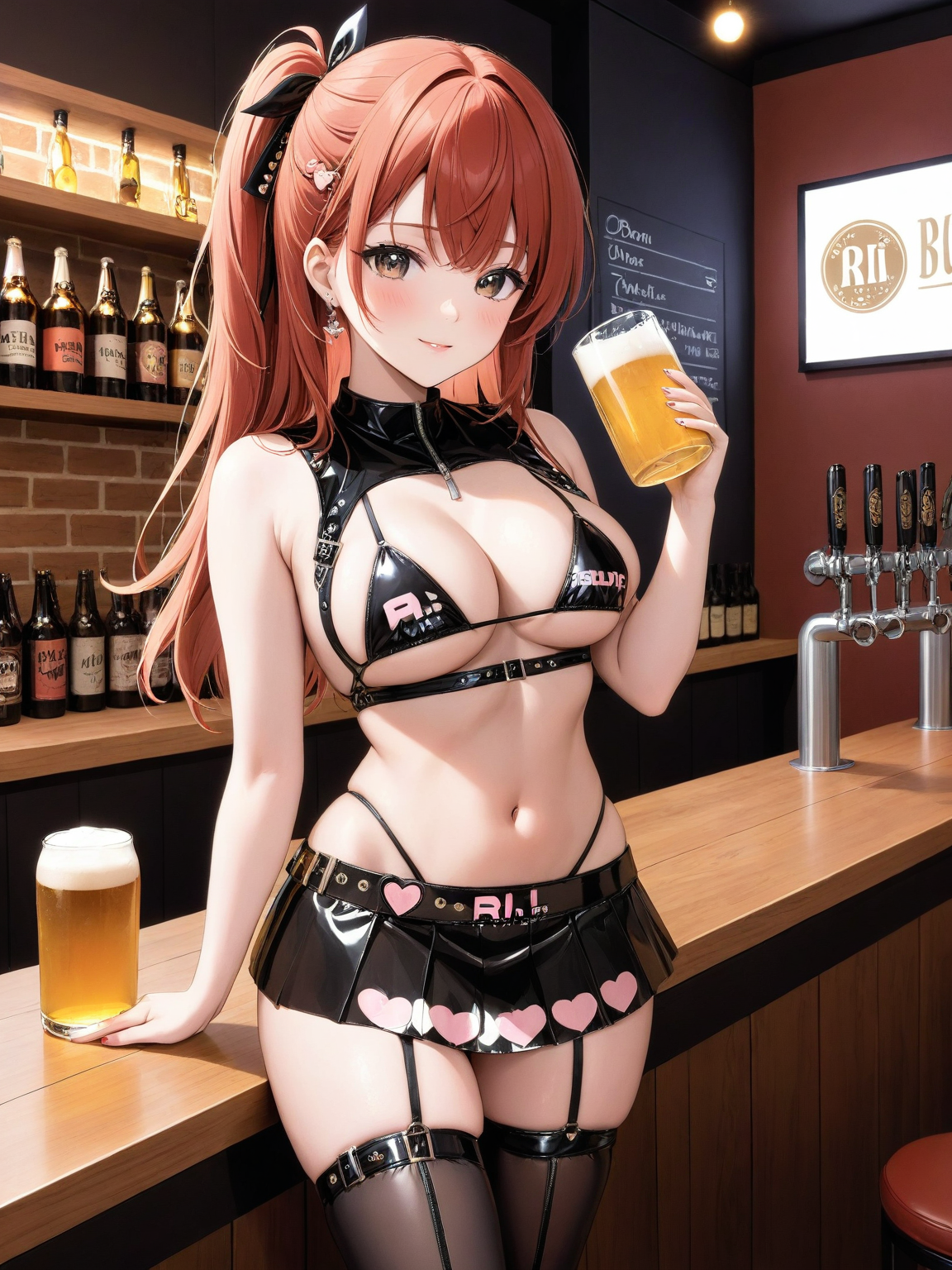 <lora:MoeFlavorAILoveOutfit_XL_v2-000005:0.8>
a photo of a woman wearing harness, bra, belt, skirt, thong, thighhighs, redhead hair, 
Craft beer bar with on-tap selection.