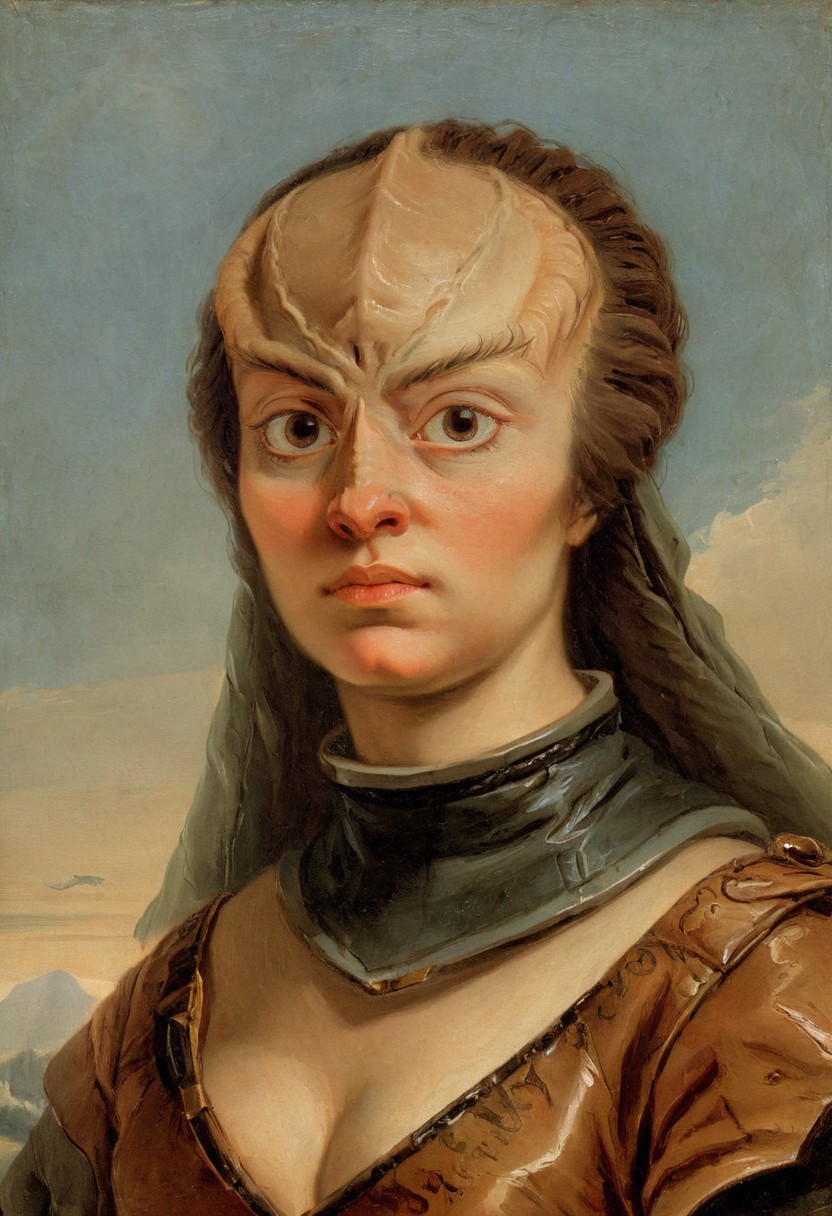 intricate detailed AH_Tiepolo Tiepolo oil painting upper body portrait of a female  kling0n alien princess, leather dress, forehead ridges, light brown skin, nose ridges, large eyebrows