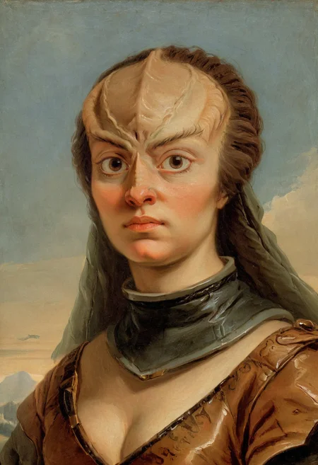 intricate detailed AH_Tiepolo Tiepolo oil painting upper body portrait of a female kling0n alien princess, leather dress, forehead ridges, light brown skin, nose ridges, large eyebrows