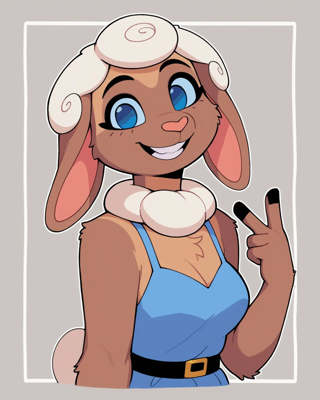 score_9_up, score_8_up, score_7_up, score_6_up, half-length portrait, furry female, female, furry, sheep, rabbit ears, animal ears, looking at viewer, solo, smile, happy, gesture, three-quarter view, head tilt, blue dress, blue eyes, bare shoulders, body fur, tail, simple background, white outline, <lora:Leah_Pines(AIM)_XL_v1:0.25> <lora:PDXL_artist_tags_v2_big:0.5> <lora:The-Minuscule-Task_PDXL_v1.0:0.6> <lora:Melon_Shira_Hedgie:0.5>