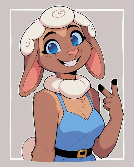 score_9_up, score_8_up, score_7_up, score_6_up, half-length portrait, furry female, female, furry, sheep, rabbit ears, animal ears, looking at viewer, solo, smile, happy, gesture, three-quarter view, head tilt, blue dress, blue eyes, bare shoulders, body fur, tail, simple background, white outline, <lora:Leah_Pines(AIM)_XL_v1:0.25> <lora:PDXL_artist_tags_v2_big:0.5> <lora:The-Minuscule-Task_PDXL_v1.0:0.6> <lora:Melon_Shira_Hedgie:0.5>