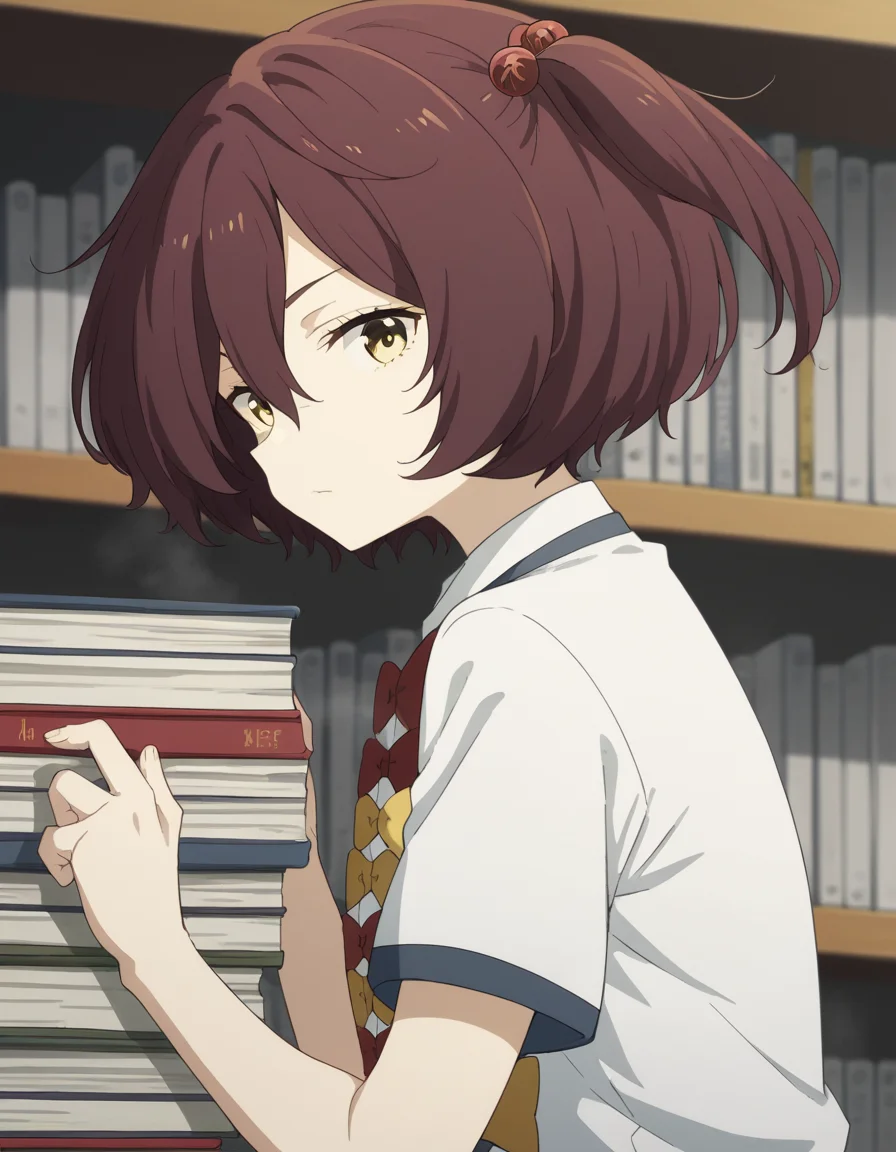 score_9, score_8_up, score_7_up, source_anime, <lora:chika-komari-s1-ponyxl-lora-nochekaiser:1>, chika komari, short hair, bangs, brown hair, hair ornament, hair between eyes, side ponytail, one side up, hair bobbles, yellow eyes,, skirt, shirt, bow, school uniform, white shirt, short sleeves, pleated skirt, bowtie, yellow bow, grey skirt, yellow bowtie, red bow, red bowtie,, bookstore, browsing shelves, new book smell, finding a favorite, quiet atmosphere, , looking at viewer, from side, solo,, cowboy shot, dutch angle