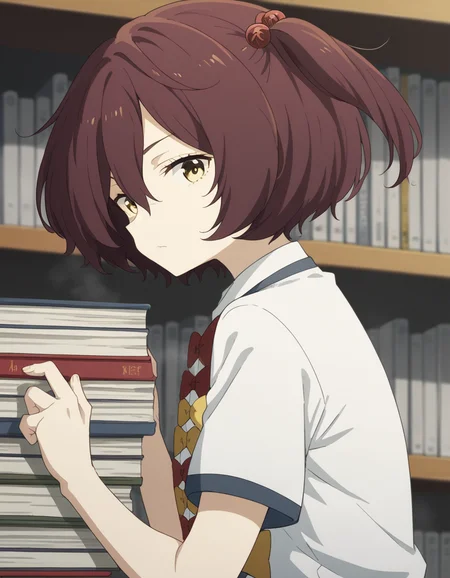 score_9, score_8_up, score_7_up, source_anime, <lora:chika-komari-s1-ponyxl-lora-nochekaiser:1>, chika komari, short hair, bangs, brown hair, hair ornament, hair between eyes, side ponytail, one side up, hair bobbles, yellow eyes,, skirt, shirt, bow, school uniform, white shirt, short sleeves, pleated skirt, bowtie, yellow bow, grey skirt, yellow bowtie, red bow, red bowtie,, bookstore, browsing shelves, new book smell, finding a favorite, quiet atmosphere, , looking at viewer, from side, solo,, cowboy shot, dutch angle