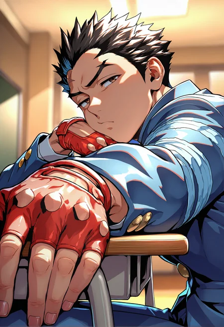 masterpiece, best quality, newest, absurdres, highres, very awa, 1boy, male, male focus, ichimonji batsu, blue jacket, blue pants, red gloves, fingerless gloves, foreshortening, solo, (head on arm:1.2), (head rest:1.2), looking to the side, elbows on table, outstretched hand, closed mouth, dark skin, tanlines, indoors, table, (portrait), from front, yellow theme, looking at viewer, pout, bored