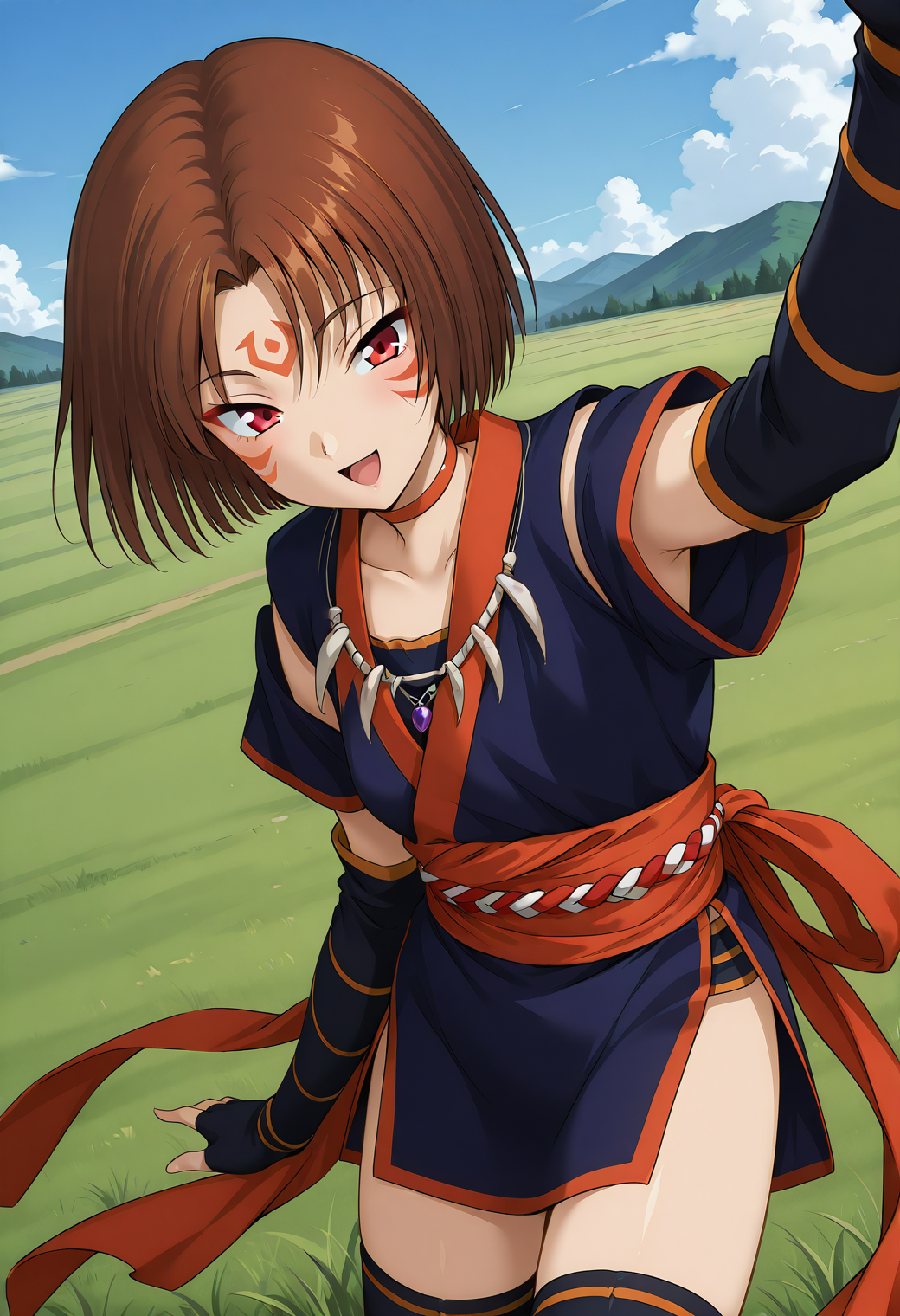 kuon_tutigumo_miki, red eyes, brown hair, short hair, facial mark, jewelry, necklace, choker, elbow gloves, short sleeves, blue kimono, short kimono, sash, black thighhighs, <lora:kuon_miki_illustrious_ver1:0.8> 
smile, open mouth,, masterpiece, best quality, sensitive,, 1girl, solo, blue sky, (grasslands:1.2), looking at viewer,, (cowboy shot, dynamic pose:1.4),