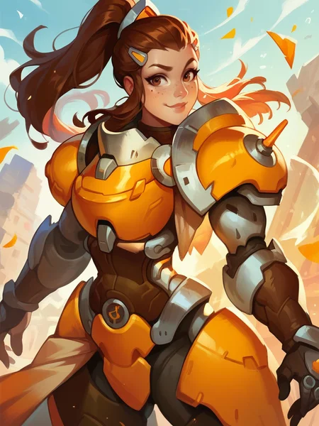 score_9, score_8_up, score_7_up, 1girl, dynamic pose, cowboy shot, looking at viewer, sexy pose, sexually suggestive, light smile, dutch angle, mechanics workshop, from side,
 <lora:ABriggite_character:0.8>, BriggiteXL, brown eyes, brown hair, ponytail, hair pulled back, freckles, hairclip, sidelocks,, power armor, armor, breastplate,,  <lora:Bonifasco_PonyXL_v1:0.6>