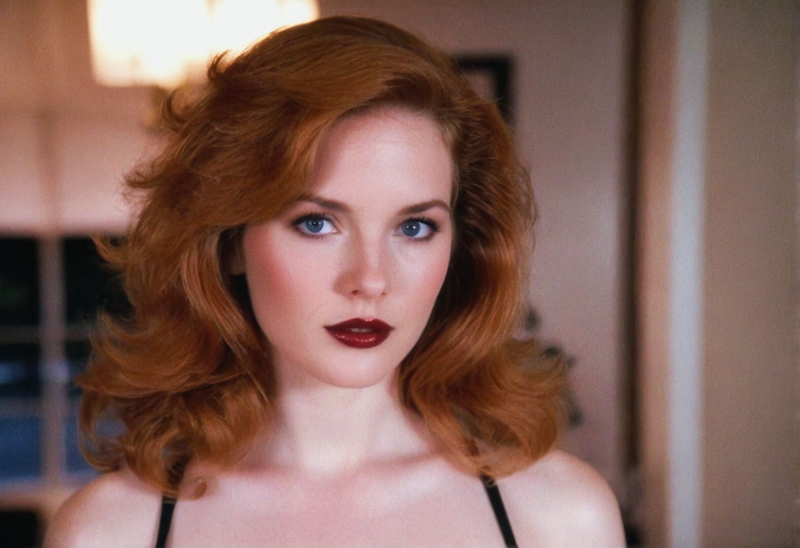 MiamiVice analog photo ginger woman indoors, blue eyes, glossy dark lipstick, ((soft focus, depth of field, film grain, masterpiece, looking at viewer)) <lora:MiamiVicev2-XL:0.4> <lora:EuroBabe-v4-XL:0.6>
