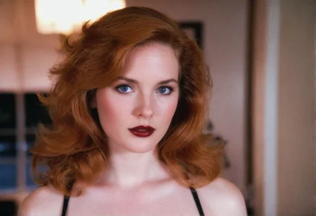 MiamiVice analog photo ginger woman indoors, blue eyes, glossy dark lipstick, ((soft focus, depth of field, film grain, masterpiece, looking at viewer)) <lora:MiamiVicev2-XL:0.4> <lora:EuroBabe-v4-XL:0.6>
