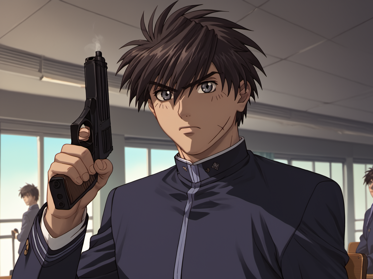 SousukeSagara, 1boy, school uniform, <lora:SosukeSagara-16-16:1>, grey eyes, score_8_up, score_7_up, scar, teenage, holding gun, holding handgun,