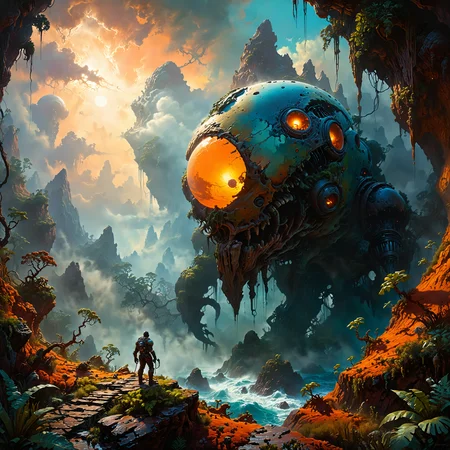 famous artwork inspired by (journey to the savage planet:1.2) and (tim hildebrandt:1.2) and (scott naismith:1.3) and (hal foster:1.1) and (greg tocchini:1.4), oil on canvas, (dramatic scene:1.1), (fractal art:0.4), scifi style, dynamic angle, this (fascinating:1.3) and (enigmatic:1.2) abomination, the "toothy slimebonk", with its form ever twisting and contorting in unnatural ways, stalks the dense (fog-shrouded jungles:1.3) of planet "varghome vi" in the cover of its gigantic primordial flora and eerie gunderpoured blibberblab, creature focus, perfect composition, realistic, ultra detailed, 8k, uhd, <lora:extremely_detailed-detail_slider-v2-xl-by_ntc:0.4:hr=0.1> <lora:more_artful-xl:0.4> <lora:midjourney_mimic-xl-by_andrexsel:0.44> <lora:lyco-style-envydramaticlightingxl01_digital_art-xl:0.52> <lora:envybetterhiresfixxl01-xl:0.0:hr=1.0>