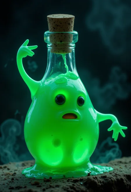 Action shot of a vibrant blob creature that is a mysterious glass vial filled with a magical glowing green liquid topped with a cork