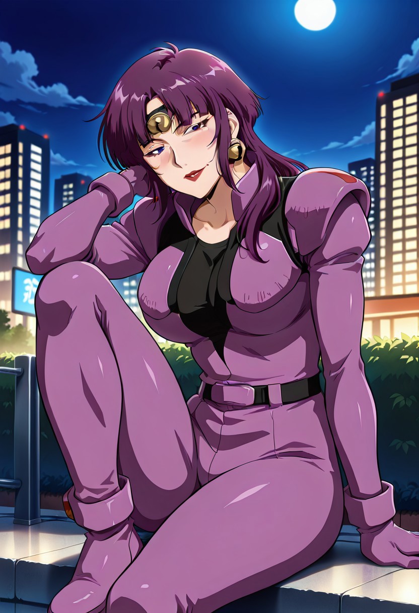 ((masterpiece, absurdres)), best quality, amazing quality, newest, 4k, anime coloring, very aesthetic, ray tracing, Smooth Quality, CG, source_anime,street view,city,night, moonlight,,Fuala, 1 mature female, long hair, purple hair, red lips, bell headband, bell earrings,purple pilotsuit,black t-shirt,waist accessory,pilotshoes with bell,sitting