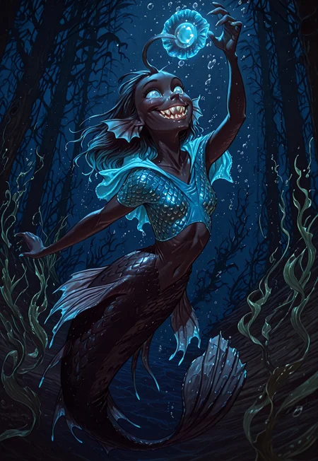 Pjstyle masterpiece, best quality, amazing quality, absurdres, outside, dutch angle, action pose, detailed, 1girl, (solo), angler fish mermaid, monster girl, fins, underwater, sharp teeth, head fins, glowing, (blue silk top with chainmail, wicked smile, dark undersea background, almost black, kelp forest, dynamic composition, lazypos