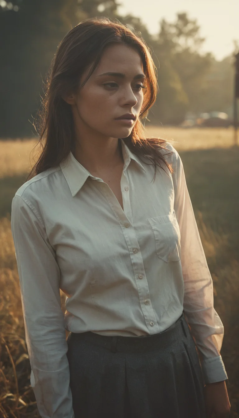High-fidelity photograph, female wearing dress shirt, High-accuracy photographic detail, stingy details, fading memories, misty edges, vintage color grading, Golden hour, <lora:zavy-cntrst-sdxl:0.4> dark, low-key