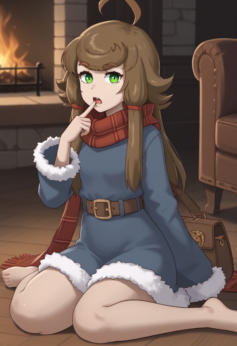 1girl, solo, Blu, brown hair, green eyes, sidelocks, hair ornament, ahoge, huge ahoge, long hair, thick eyebrows, thick eyelashes, fur-trimmed dress, (fur-trimmed sleeves), scarf, bare legs, belt, sitting, armchair, fireplace, indoor, wooden floor, on floor, open bag, head tilt, index finger raised, finger to mouth, open mouth, confused, looking at viewer