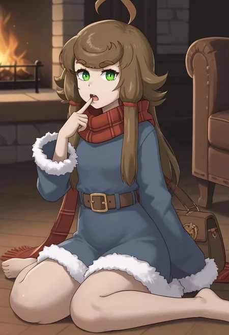 1girl, solo, Blu, brown hair, green eyes, sidelocks, hair ornament, ahoge, huge ahoge, long hair, thick eyebrows, thick eyelashes, fur-trimmed dress, (fur-trimmed sleeves), scarf, bare legs, belt, sitting, armchair, fireplace, indoor, wooden floor, on floor, open bag, head tilt, index finger raised, finger to mouth, open mouth, confused, looking at viewer