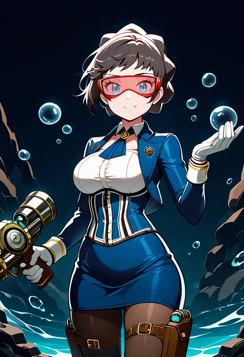 masterpiece, best quality,  curvy, beautiful eyes, narrow waist, wide hips, smile, looking at viewer, dynamic angle, foreshortening, close up,    zzDiantha, diantha (pokemon), blue eyes, grey hair, short hair, makeup, eyeshadow,   (elizabeth (bioshock infinite), white shirt, blue tie, blue skirt, pencil skirt),  <lora:DianthaPokemon_IXL:0.8>  [Deep-Sea Recon Diver Mk-07], reinforced pressure suit, reflective visor helmet, hydrodynamic exo fins, built-in oxygen core pack, chest-light array, insulated bodysuit, anti-crush gloves, HUD-enabled wrist module, sonic radar backpack, thigh holster with flare gun, abyssal canyon setting, scanning motion,