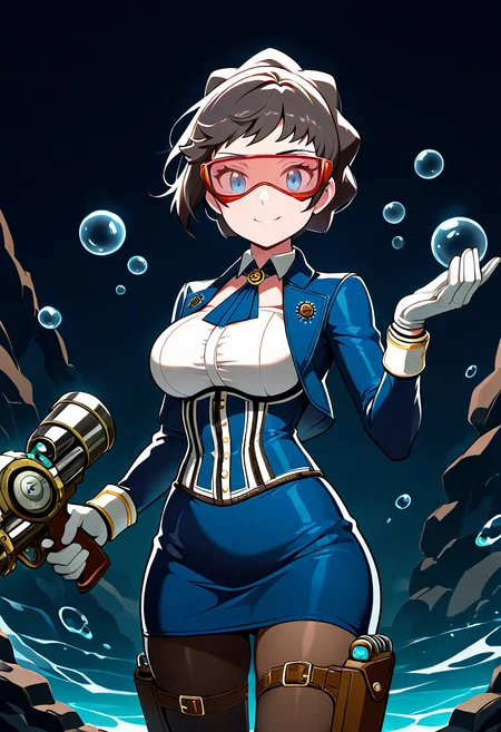 masterpiece, best quality,  curvy, beautiful eyes, narrow waist, wide hips, smile, looking at viewer, dynamic angle, foreshortening, close up,    zzDiantha, diantha (pokemon), blue eyes, grey hair, short hair, makeup, eyeshadow,   (elizabeth (bioshock infinite), white shirt, blue tie, blue skirt, pencil skirt),  <lora:DianthaPokemon_IXL:0.8>  [Deep-Sea Recon Diver Mk-07], reinforced pressure suit, reflective visor helmet, hydrodynamic exo fins, built-in oxygen core pack, chest-light array, insulated bodysuit, anti-crush gloves, HUD-enabled wrist module, sonic radar backpack, thigh holster with flare gun, abyssal canyon setting, scanning motion,