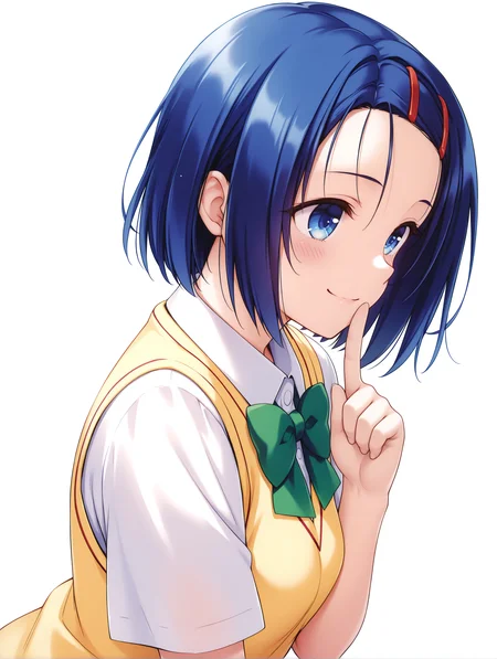 masterpiece,best quality,newest,
1girl,solo,
<lora:s_haruna_ilxl_v1.2:1>,h_clip,blue hair,blue eyes,h_clothes,green bowtie,short sleeve blouse,yellow vest,
<lora:Fixhands_anime_bdsqlsz_V1:1>,dynamic_angle,cinematic_angle,white background,simple_background,light_blush,profile,smile,shushing,