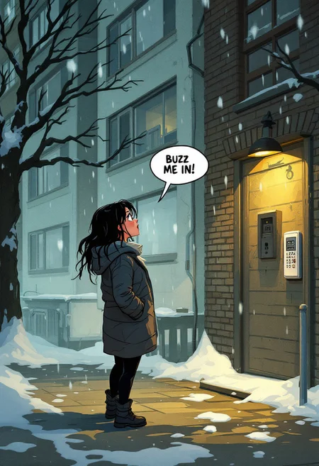 A arcane style, animation woman stands outside an apartment building cold and wet.
She shouts into the intercom: (Speech Bubble) "BUZZ ME IN"