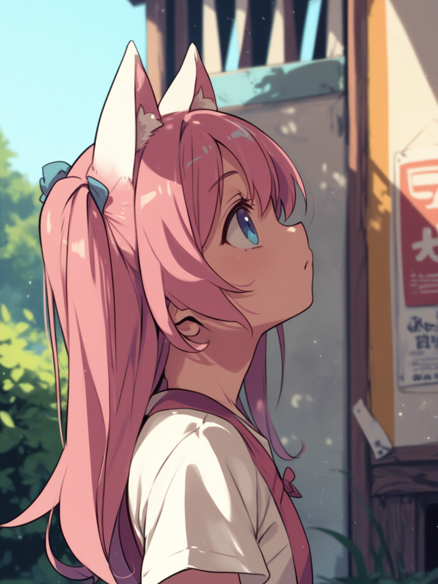 <lora:happy_tentacle-necomimi-v0.2-000028:1>, ht_necomimi, pink hair, animal ears, shirt, pants, outdoors , 1girl, solo, upper body , , ( :1), , looking up , standing , from side , score_9, score_8_up, score_7_up, score_6_up, score_5_up, score_4_up