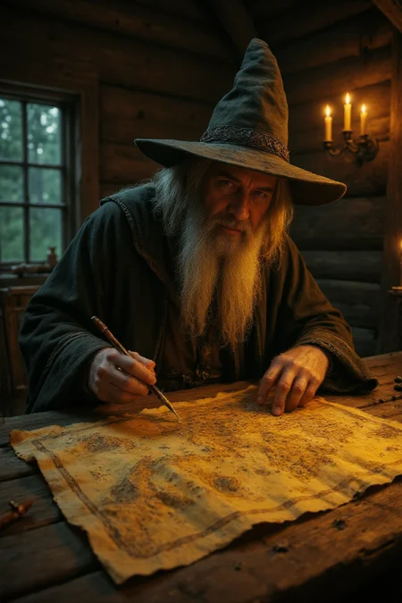 Old, weathered wizard meticulously studying a detailed map in a dimly lit wooden cabin.  Middle-aged, fair-skinned man with long, flowing, silvery-gray hair and a full, white beard.  He wears a pointed, intricately designed, dark gray hat, and a dark, long-sleeved robe, likely made of heavy, textured fabric.  His posture suggests deep concentration, his eyes focused on the ancient map.  The map itself is a golden-yellow parchment, filled with complex markings and symbols, casting a warm glow on the artist's face.  He holds a quill, ready to make annotations. The environment is a rustic wooden cabin interior with ample wood paneling.  Soft, warm light from multiple candles illuminates the scene, casting dramatic shadows.  The warm, golden hues of candlelight contrast with the darker wood tones of the cabin.  A rustic wooden table with visible grain, serves as the surface for the map. The cabin's setting seems secluded, with hints of a dense forest outside a window. Composition is positioned centrally, with the wizard as the central focus; the lighting and perspective are angled to emphasize the detailed work on the map.  Fantasy, mystical, magical realism.  High detail, realistic lighting.  Artistic portrait.  Medieval fantasy style.  Atmospheric.
<lora:Flux.1_Turbo_Detailer:1> <lora:flux_realism_lora:1> <lora:Hand v2:1> <lora:lora:1> <lora:42lux HighResFix:1>