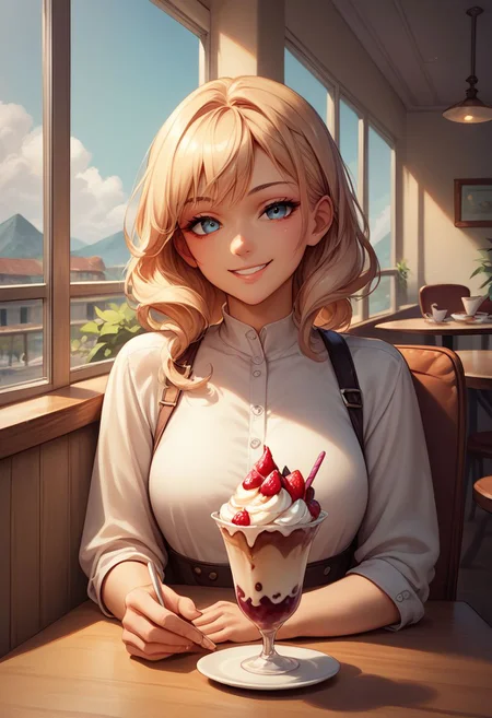 score_9, score_8_up, score_7_up,CONCEPT_PovDating_ownwaifu, 1girl, cup, smile, window, looking at viewer, indoors, pov across table, cafe, sitting, parfait, food, ice cream, upper body, chair, saucer, pov dating,