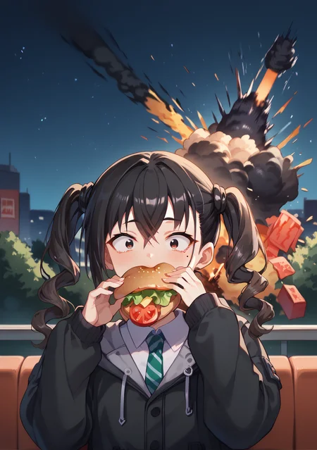 score_9, score_8_up, score_7_up, source_anime,high detail, detailed face,1girl,Akirachan, a_DefaultCostume, black hair, crossed bangs, (mole under eye:0.8), twintails, wavy hair, black jacket, hood, white collar, short necktie, <lora:AkiraDefaultXL:0.8>,
BREAK depth of field,<lora:Burger_Malfunction-PonyXL-1024px:0.8>, sitting in restaurant, eating, holding food, burger, burger_malfunction, wide_eyed,tomato, cucumber, messym bacon, ketcup, mustard, salad,BREAK ahebomb,night,explosion,upper body,(concert hole:1.2), <lora:ahebomb_pony:1>,