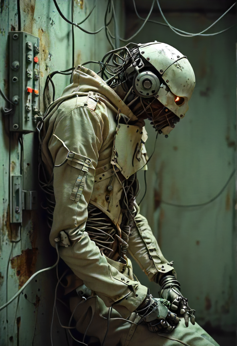 an asylum for straitjacket creatures, broken cyborg bound inside a machine strapped to a wall on cables, experimentation, sideways, night, eerie, atmospheric, unsettling, detailed, <lora:- SDXL - AI-Breaker_V3.5:0.9>,