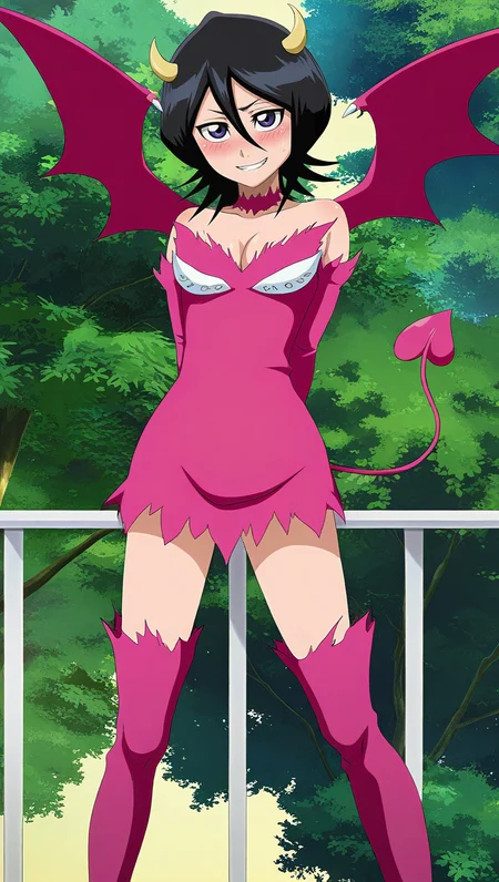 source_anime, masterpiece, best quality, amazing quality, anime screencap, high quality, 8k, absurdres, official style, 1girl, solo, looking at viewer, smile, eyes half closed, standing, leaning backwards, blush, hands behind back, <lora:Rukia_Kuchiki_Pre_iL:0.9>, ruk14 pre, purple eyes, black hair, short hair, hair between eyes, succubus outfit, pink dress, pink thighhighs, gloves, tail, boots, wings, horns, choker, elbow gloves, pink gloves, thigh boots, demon girl, boots,
