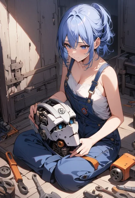 (masterpiece, best quality), woman, itting on the floor, holding tools, reparing a robot head on her lap, the robot has a gear logo
,detailed face, detailed background,intricate details, armor(color: blue with white) , wearing a camisole, overalls,