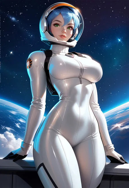 score_9, score_8_up, score_7_up, score_6_up, score_5_up, score_4_up, Cinematic Lighting, Volumetric Lighting, Bloom, Post Processing, Perfest Anatomy, Extermy Ely Detailed Eyes and Face, Perfect Eyes
1girl, Solo,
green eyes, hair between eyes, freckles, short hair, blue hair, shiny look, slim figure, narrow waist, wide hips, (high breasts), (big breasts: 0.9), perfectly round breasts,
-- clothes -- orange 50s space suit, space helmet, boots, big helmet,
BREAK
Girl floating in space against the backdrop of bright planets and stars, weightlessness, leaning back, arched back, legs curled, peace. hair rips in helmet
bright colors,
((close-up))focus on torso, (sideways to viewer)
realistic volumetric lighting.
<lora:detailed_notrigger:1>