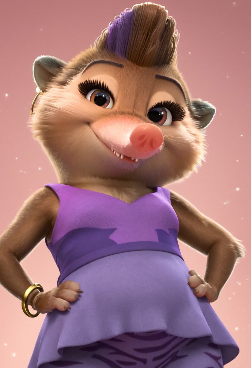 charisma_z+casual, furry, anthro, female arctic shrew, short brown hair, mohawk (one purple hair streak), tan golden-brown fur, long pink nose, big eyelashes, golden-brown eyes, golden-brown hands (four fingers), short claws, brown-gray feet, brown tail, sleeveless purple dress (light purple on front, dark purple on back), purple pants (zebra patterns), ears golden earrings (golden hoop rings), gold bracelet on right arm, score_8_up, score_7_up, BREAK, 1girl, solo, looking at viewer, cute, smirk, from below, hands on hips, head tilt, female focus, looking at viewer, detailed background, 4k, masterpiece, best quality, highly detailed, realistic, 3d, Expressiveh