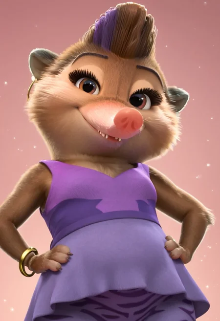 charisma_z+casual, furry, anthro, female arctic shrew, short brown hair, mohawk (one purple hair streak), tan golden-brown fur, long pink nose, big eyelashes, golden-brown eyes, golden-brown hands (four fingers), short claws, brown-gray feet, brown tail, sleeveless purple dress (light purple on front, dark purple on back), purple pants (zebra patterns), ears golden earrings (golden hoop rings), gold bracelet on right arm, score_8_up, score_7_up, BREAK, 1girl, solo, looking at viewer, cute, smirk, from below, hands on hips, head tilt, female focus, looking at viewer, detailed background, 4k, masterpiece, best quality, highly detailed, realistic, 3d, Expressiveh