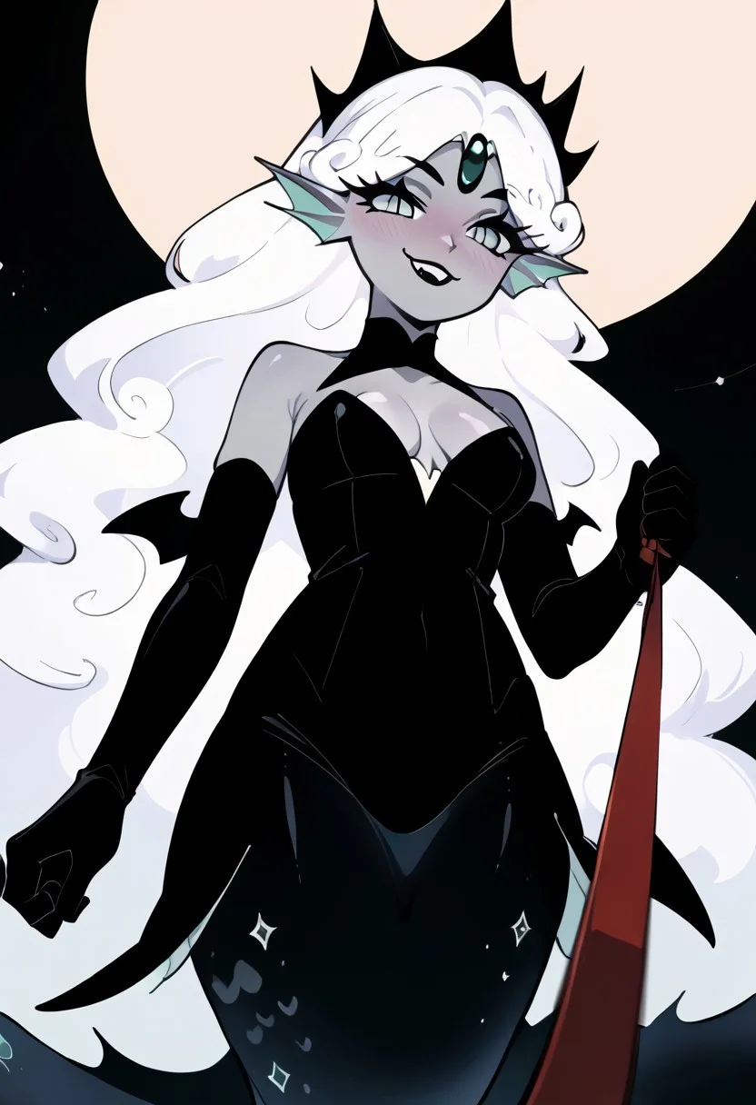 score_9, score_8_up, score_7_up, 1girl, solo, black dress, grey skin, dark-skinned female, grey eyes, eyelashes, white hair, black elbow gloves, head fins, dot eyes, black pearl, black forehead jewel, no nose, mermaid, smug, slit pupils, smug expression, blushing, looking down at you, holding leash attached to you, visible cleavage
Hide