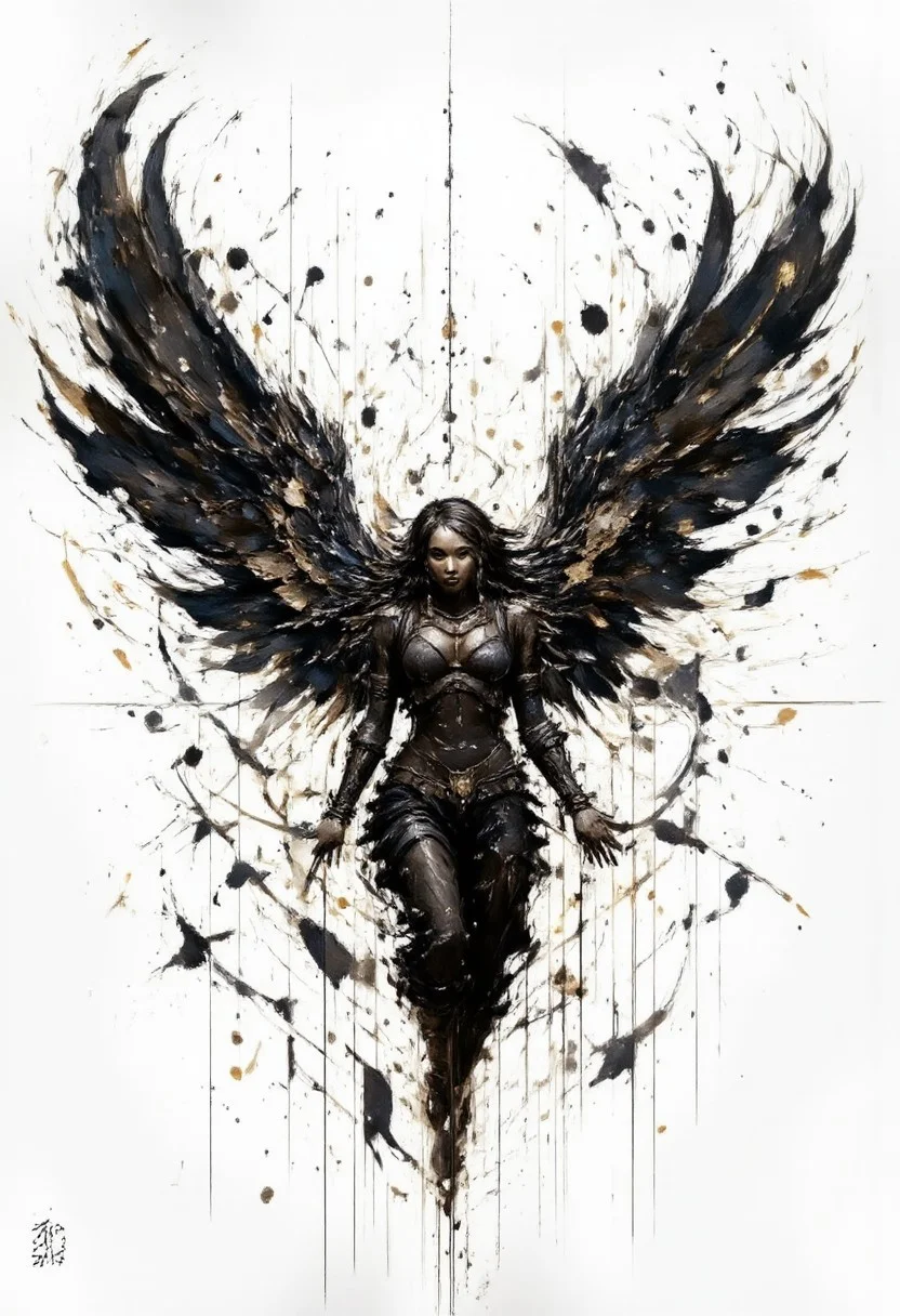 Create an intricate illustration of an angel with grand, flowing wings in the style of traditional ink art. Use splattered black ink for dynamic texture in the background, contrasting with a clean and flawless finish on the angel's form. Emphasize delicate, freehand brush strokes for a sense of movement in the wings, drawing from ancient ink techniques. Maintain meticulous detail throughout, with each wing feather carefully rendered, surrounded by expressive, organic splashes of ink that give a sense of both serenity and power. aidmaimageupgrader, aidmaMJ6.1m, detailmaximizer, mythp0rt,