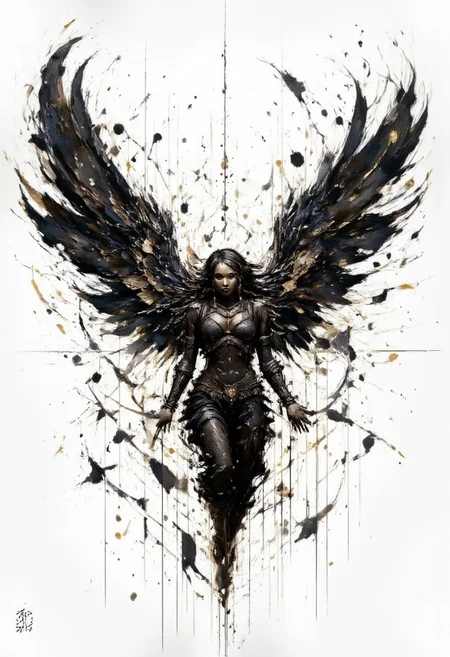 Create an intricate illustration of an angel with grand, flowing wings in the style of traditional ink art. Use splattered black ink for dynamic texture in the background, contrasting with a clean and flawless finish on the angel's form. Emphasize delicate, freehand brush strokes for a sense of movement in the wings, drawing from ancient ink techniques. Maintain meticulous detail throughout, with each wing feather carefully rendered, surrounded by expressive, organic splashes of ink that give a sense of both serenity and power. aidmaimageupgrader, aidmaMJ6.1m, detailmaximizer, mythp0rt,
