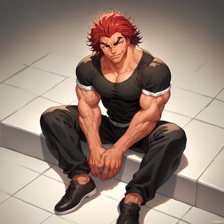 score_9, score_8_up, score_7_up, YujiroHanma, 1boy, male focus, solo, black shirt, muscular male, red hair, manly, black pants, black footwear, veins, pupils, brown eyes, sitting, looking at viewer, from front, <lora:Char-YujiroHanma-pony:1>cocky smirk,