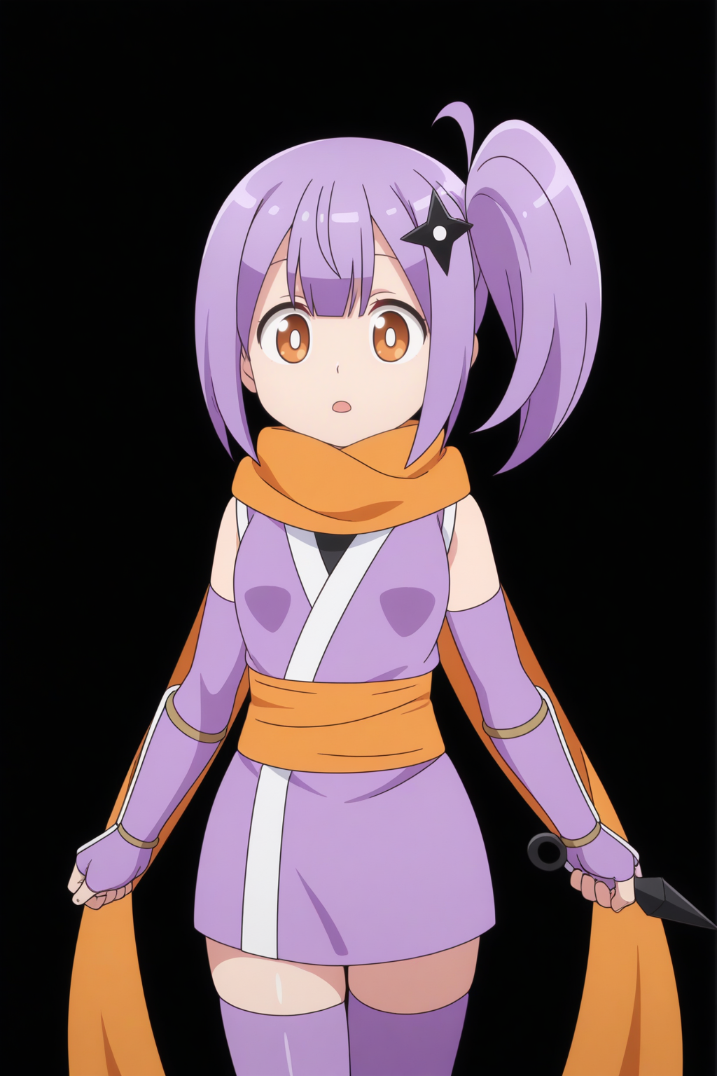 anime coloring, newest, masterpiece, Satoko Kusagakure, purple kimono, sleeveless kimono, kunai, orange scarf, ninja, zettai ryouiki, purple thighhighs, purple elbow gloves,  <lora:Ninja_to_Koroshiya_no_Futarigurashi_-_Satoko_Kusagakure-_-illustrious:0.8>