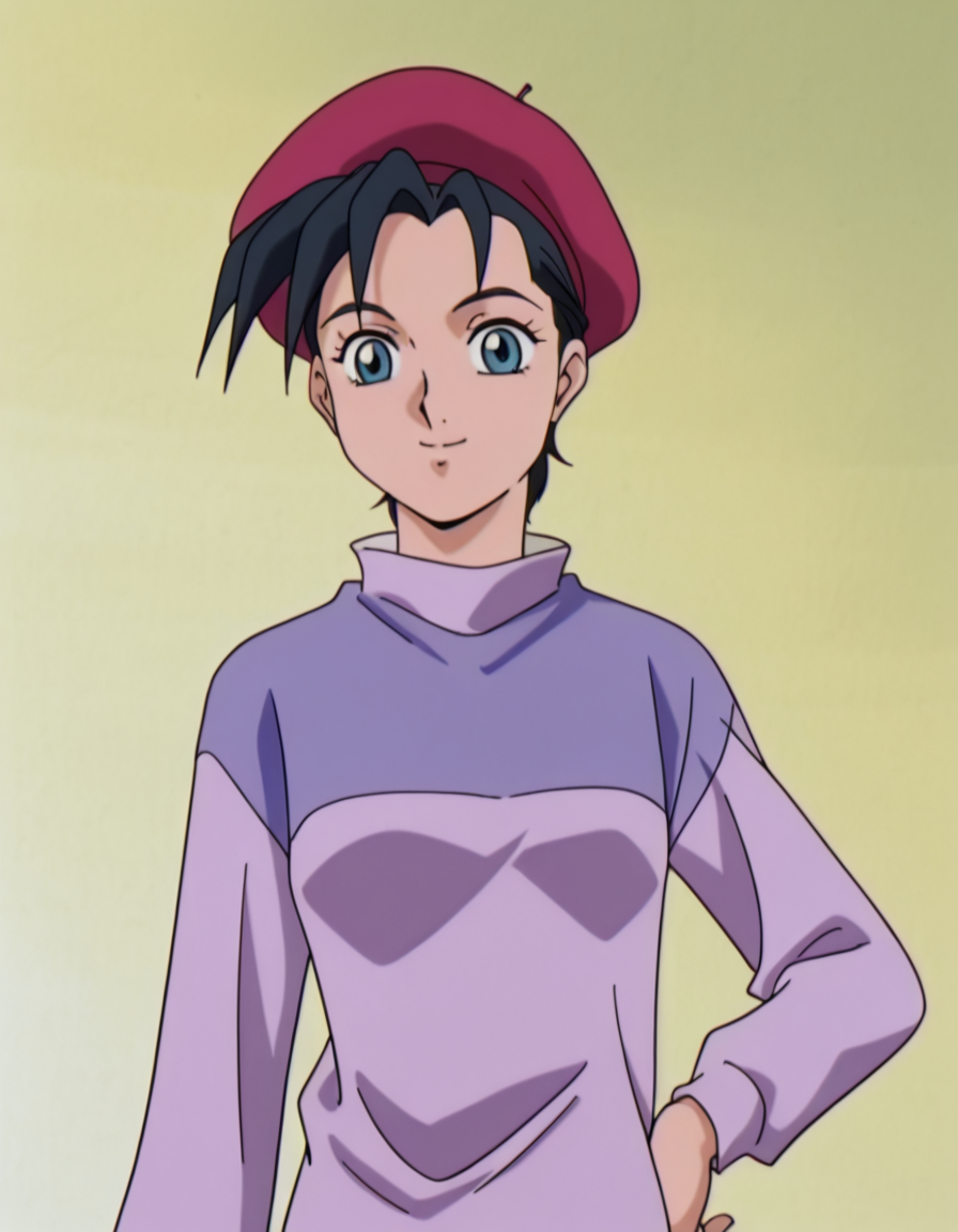 <lora:HildeSchbeikerGundamWingIllustrious1.0JLFO:1> hilde, 1girl, 1990s, retro artstyle, black hair, solo, short hair, blue eyes, beret, purple sweater, looking at viewer, hand on own hip, cowboy shot,simple background, smile, upper body,