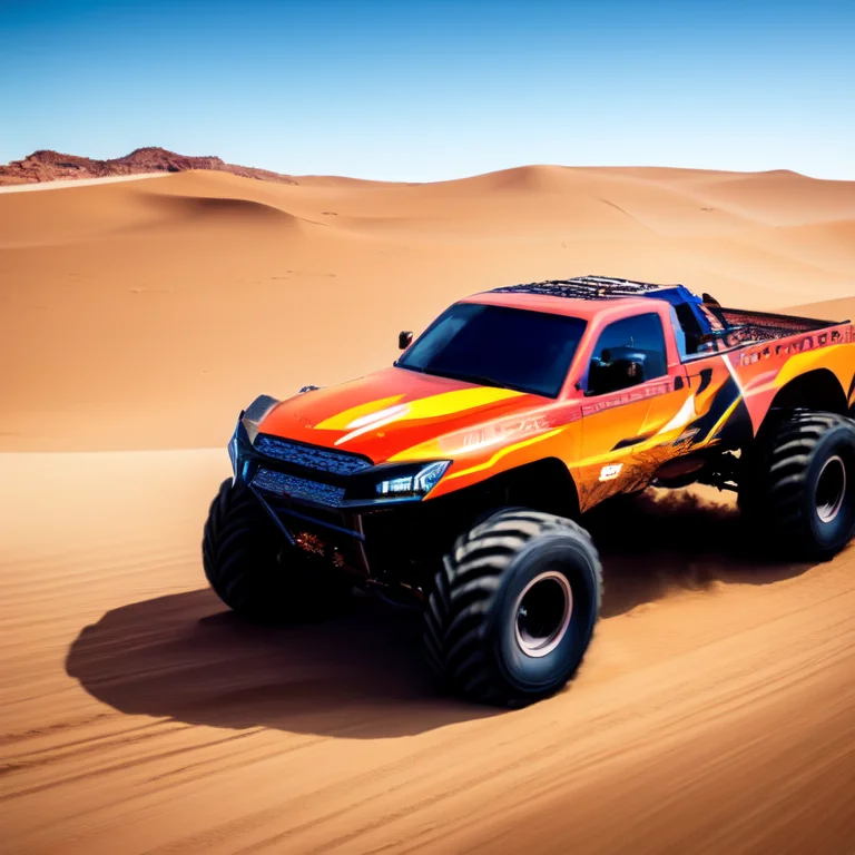 photo (truckplans:1) a large monster truck driving through a desert area <lora:djzTruckPlans_LoraBooth:1>